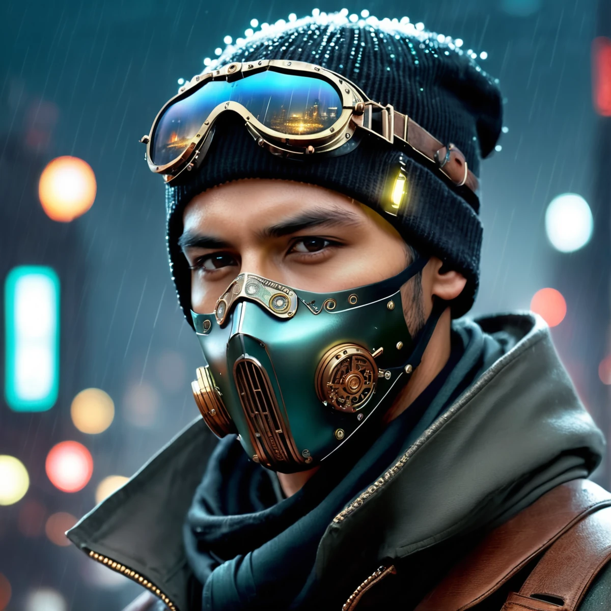 man, steampunk, 28 years old, wearing a face mask and a beanie, amazing details, masterpiece , best quality, cyberpunk, in heavy raining futuristic tokyo rooftop cyberpunk night, sci-fi, fantasy, intricate, very very handsome, elegant villain, neon light, highly detailed, digital painting, artstation, concept art, soft light, hdri, smooth, sharp focus, illustration