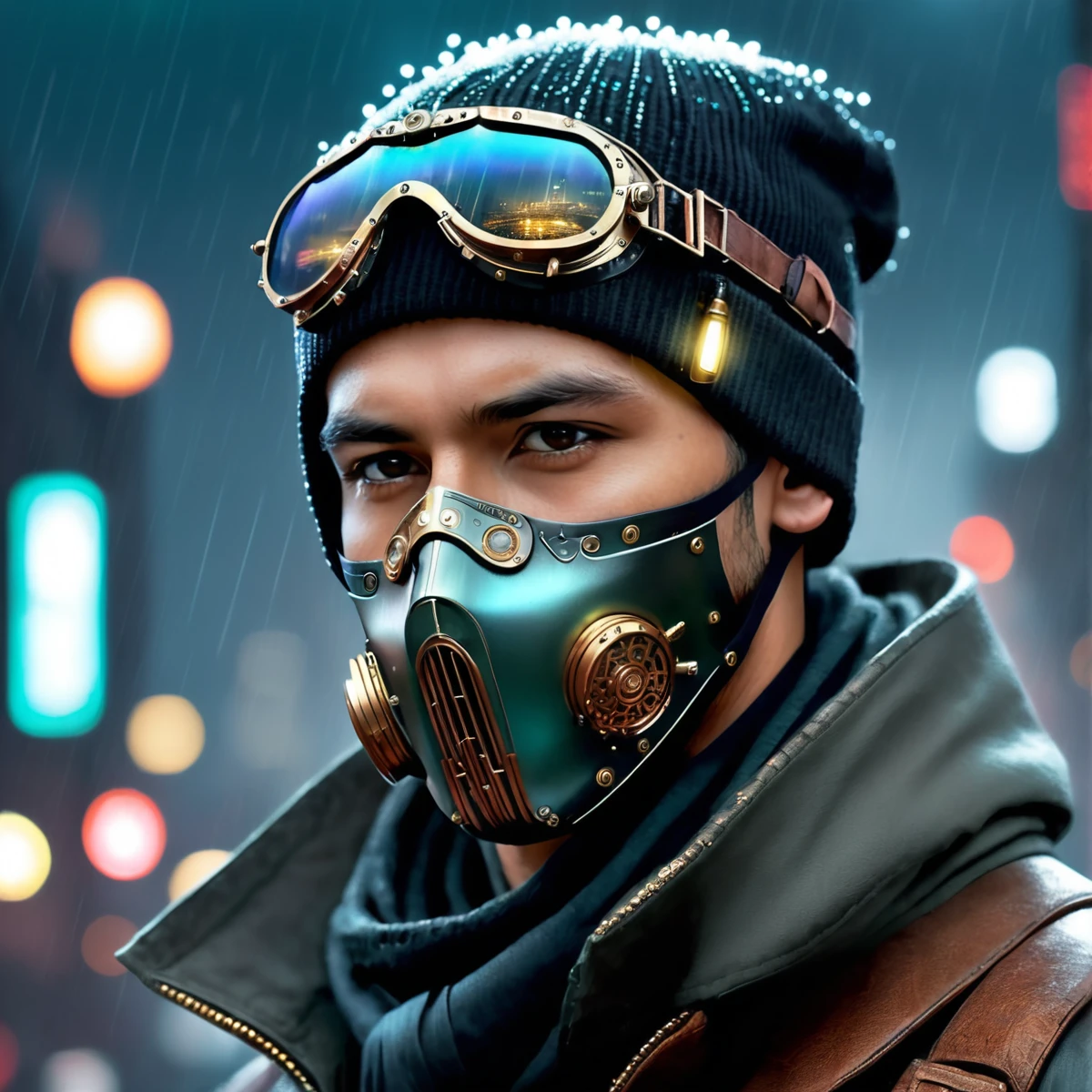 man, steampunk, 28 years old, wearing a face mask and a beanie, amazing details, masterpiece , best quality, cyberpunk, in heavy raining futuristic tokyo rooftop cyberpunk night, sci-fi, fantasy, intricate, very very handsome, elegant villain, neon light, highly detailed, digital painting, artstation, concept art, soft light, hdri, smooth, sharp focus, illustration