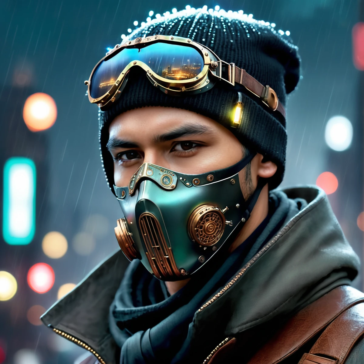 man, steampunk, 28 years old, wearing a face mask and a beanie, amazing details, masterpiece , best quality, cyberpunk, in heavy raining futuristic tokyo rooftop cyberpunk night, sci-fi, fantasy, intricate, very very handsome, elegant villain, neon light, highly detailed, digital painting, artstation, concept art, soft light, hdri, smooth, sharp focus, illustration
