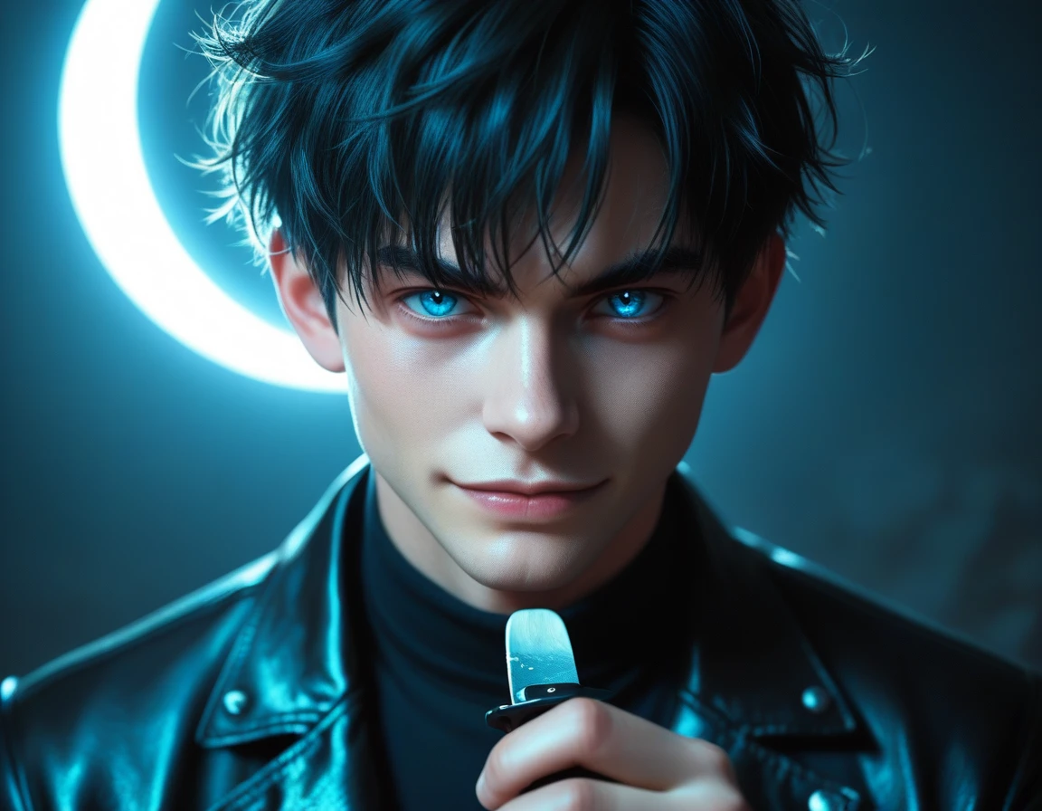 Hyper realistic, dark vibes, solo, attractive young guy, male, 22 years, (holding knife:1.1) pale skin, blue eyes, (short textured blond hair:1.1), layered bangs, gothic black leather jacket, black eyeliner, dark lighting, in luxury BDSM room, (smirk:1.1), (visible neon red crescent moon writing sign in background text "CONTEXT" in blue:1.1)