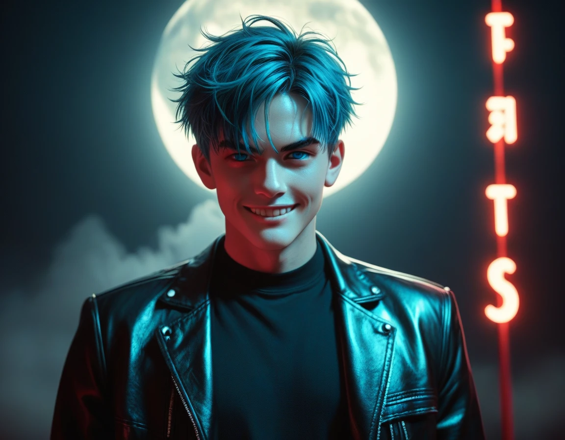 Hyper realistic, dark vibes, solo, attractive young guy, male, 22 years, (holding knife:1.1) pale skin, blue eyes, (short textured blond hair:1.1), layered bangs, gothic black leather jacket, black eyeliner, dark lighting, in luxury BDSM room, (smirk:1.1), (visible neon red crescent moon writing sign in background text "CONTEXT" in blue:1.1)