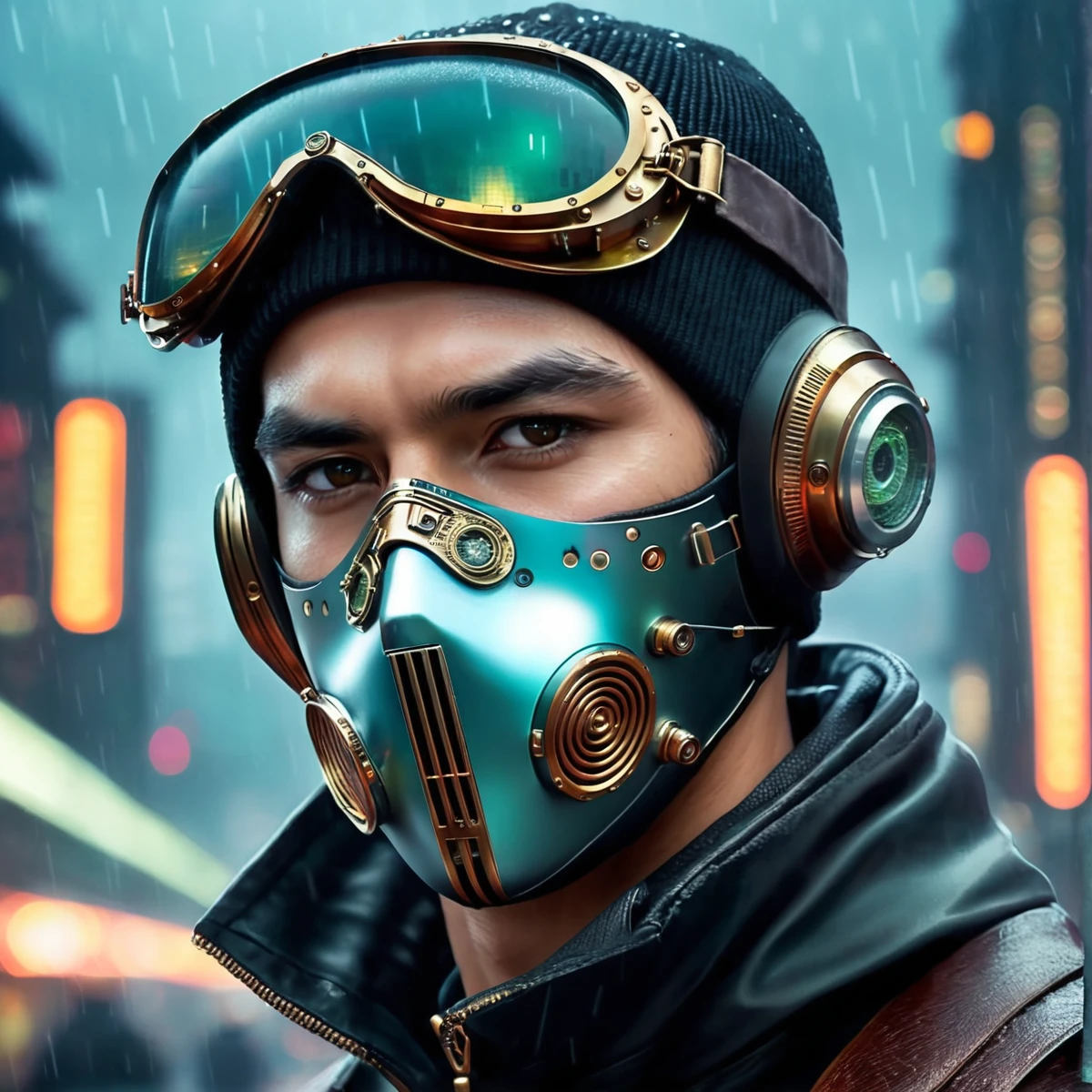 man, steampunk, 28 years old, wearing a face mask and a beanie, amazing details, masterpiece , best quality, cyberpunk, in heavy raining futuristic tokyo rooftop cyberpunk night, sci-fi, fantasy, intricate, very very handsome, elegant villain, neon light, highly detailed, digital painting, artstation, concept art, soft light, hdri, smooth, sharp focus, illustration