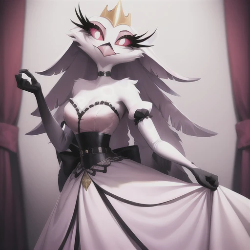 (best quality, masterpiece:1), furry female anthro stella, owl, portrait, stelladress, white dress, black belt, pink beak,  standing, gold crown, looking to the side, closed mouth, smile, wide-eyed, white pupils, elbow gloves, choker, pink gradient dress, (dimly lit fancy formal ball background:1.0), 