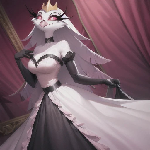 (best quality, masterpiece:1), furry female anthro stella, owl, portrait, stelladress, white dress, black belt, pink beak, standing, gold crown, looking to the side, closed mouth, smile, wide-eyed, white pupils, elbow gloves, choker, pink gradient dress, (dimly lit fancy formal ball background:1.0),