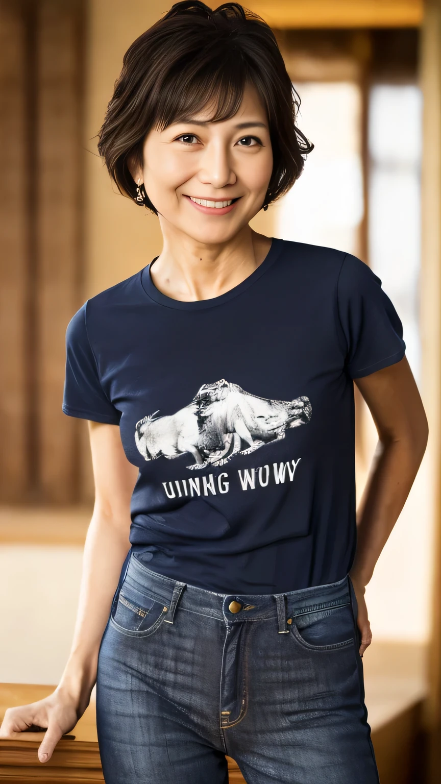depth of field, cinematic lighting, uhd, masterpiece, anatomically correct, textured skin, 8k, Detailed eyes, Detailed face, Detailed expression, Cowboy Shot, One Japanese person、Housewife 25 years old、Turning to the camera and smiling、T-shirt and jeans、