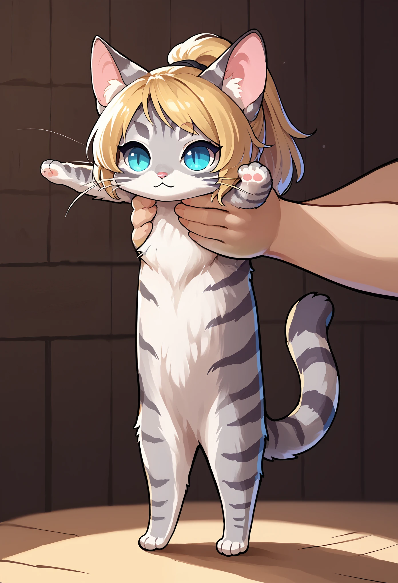 score_9, score_8_up, score_7_up, score_6_up, BREAK source_anime, IncrsXLLCM, full body, chibi, Kat, feral, golden blonde hair in a ponytail, silver fur, grey stripes, :3, white whiskers, pink nose, no humans, blue eyes,