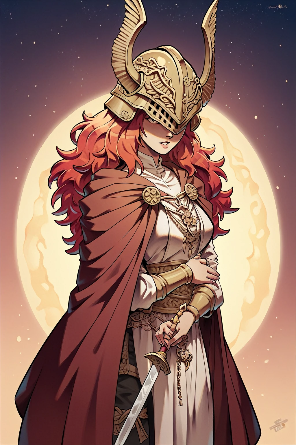 Malenia blade of Miquella from Elden Ring, 1girl, Red hair, golden helmet, Sword, not visibles eyes, red cape. No background. Masterpiece, UHD