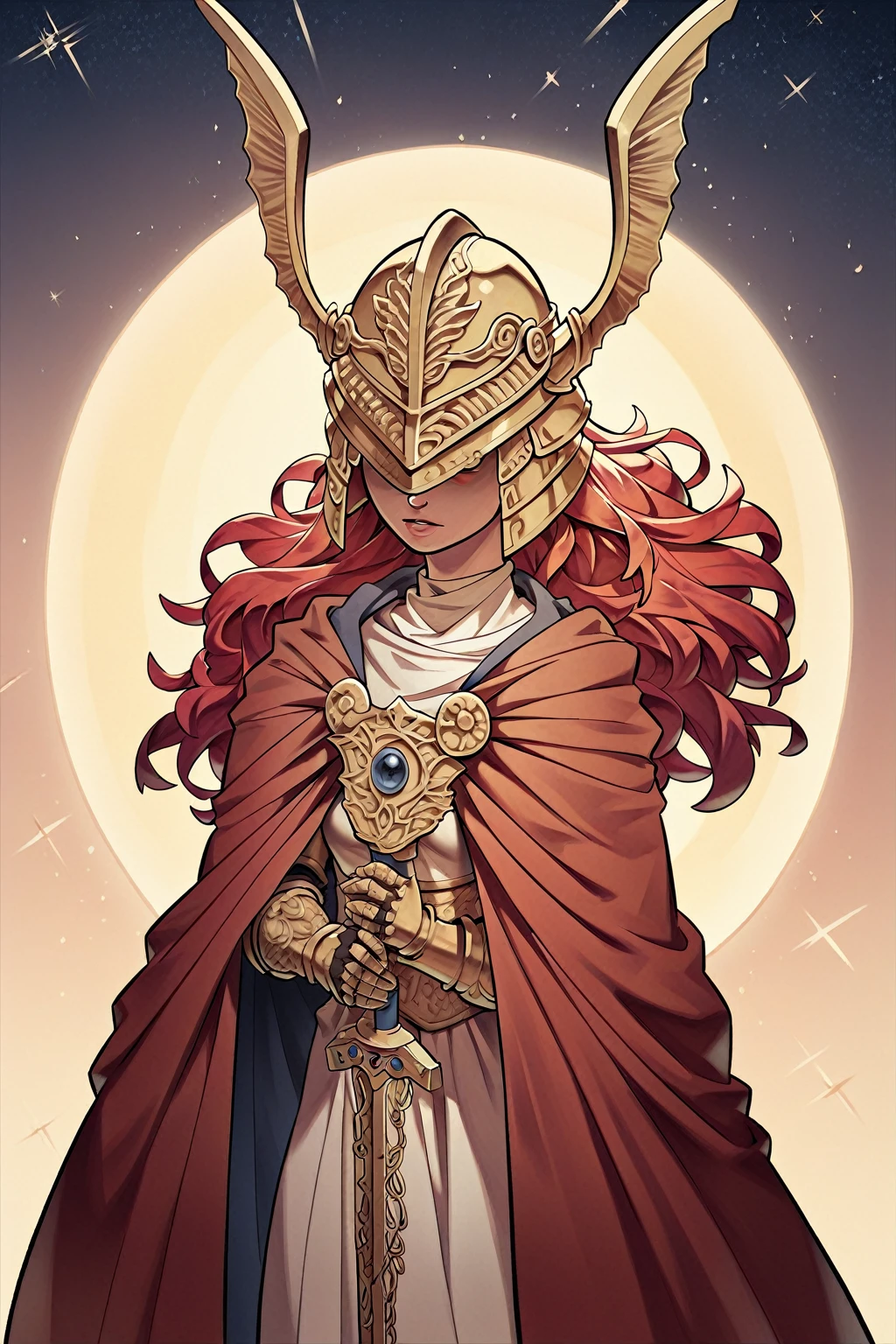 Malenia blade of Miquella from Elden Ring, 1girl, Red hair, golden helmet, Sword, not visibles eyes, red cape. No background. Masterpiece, UHD