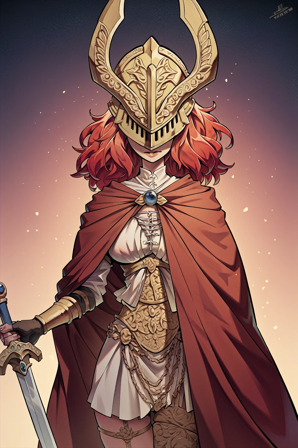 Malenia blade of Miquella from Elden Ring, 1girl, Red hair, golden helmet, Sword, not visibles eyes, red cape. No background. Masterpiece, UHD