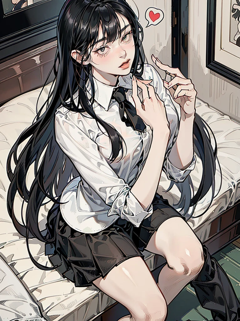 A long black hair girl, wears student uniform, night, sitting on bed, dim bedroom, black eyes, glossy lips, unbothered expression, judging expression, arrogant expression, evil girl, mean girl, villian, villianess, (elegant), (sexy), (devine), (brilliant), (splendid), tall, (mature), stunning, beautiful, aethereal, (1girl), full body, (full body), nipples, (luxury bedroom), hearts, shadow, dim light, cinematic, highest quality, extremely detailed, masterpiece, detailed background