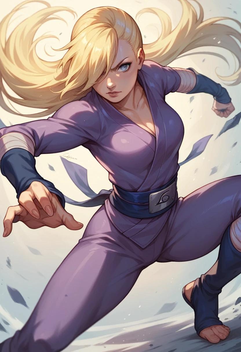 Hiperrealistic, naruto style, ino yamanaka, long blonde hair, blue ayes, beautiful face, hair over one eye, sexy pose, ninja girl, fight pose, purple ninja girl clothes
