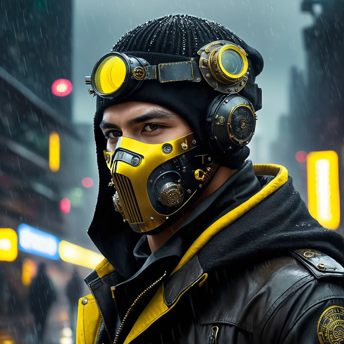 man, steampunk, 28 years old, wearing black and yellow, a face mask and a beanie, amazing details, masterpiece , best quality, cyberpunk, in heavy raining futuristic tokyo rooftop cyberpunk night, sci-fi, fantasy, intricate, very very handsome, elegant villain, neon light, highly detailed, digital painting, artstation, concept art, soft light, hdri, smooth, sharp focus, illustration