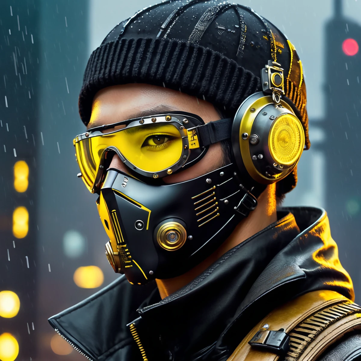 man, steampunk, 28 years old, wearing black and yellow, a face mask and a beanie, amazing details, masterpiece , best quality, cyberpunk, in heavy raining futuristic tokyo rooftop cyberpunk night, sci-fi, fantasy, intricate, very very handsome, elegant villain, neon light, highly detailed, digital painting, artstation, concept art, soft light, hdri, smooth, sharp focus, illustration