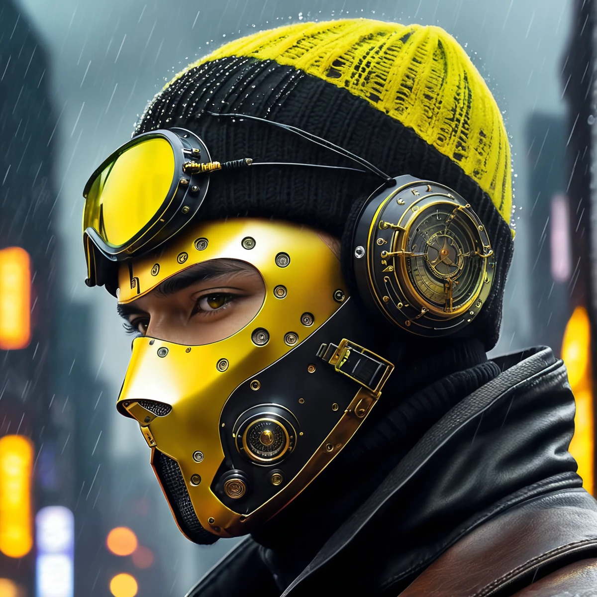 man, steampunk, 28 years old, wearing black and yellow, a face mask and a beanie, amazing details, masterpiece , best quality, cyberpunk, in heavy raining futuristic tokyo rooftop cyberpunk night, sci-fi, fantasy, intricate, very very handsome, elegant villain, neon light, highly detailed, digital painting, artstation, concept art, soft light, hdri, smooth, sharp focus, illustration