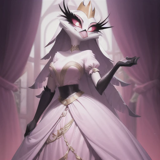 (best quality, masterpiece:1), furry female anthro stella, owl, portrait, stelladress, white dress, black belt, pink beak, standing, gold crown, looking to the side, closed mouth, smile, wide-eyed, white cape, white pupils, elbow gloves, choker, pink gradient dress, (dimly lit fancy formal ball background:1.0),