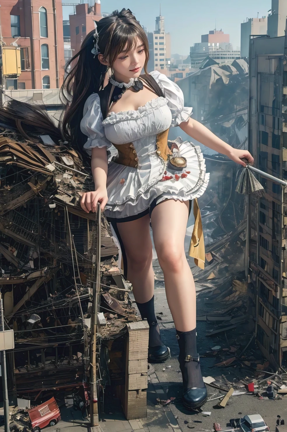 Walking happily、Fisheye Lens、looking at the camera、steampunk、Standing on top of a ruined building、Big building explosion、The building collapses、Urban hustle and bustle、Traffic jam、City of Rubble、street tree、Car and bus、truck、taxi、City boulevard、Pedestrian bridge、Streetcar route((((Azur Lane Cheshire Cosplay))))、((((Frilled maid outfit))))、(((Super huge breasts)))、（(Plump thighs)）、Ground View，City of Giants,500 foot tall giant girl，skyscraper,Step into the crowd，There are many people on the street,Knee-high socks，A happy look，Standing on the ruins，Beautiful appearance，Exquisite makeup，quality，8k，高quality，Perfect Proportions, Cinema Lighting，Film Grain，The Colors of Fuji，8k，Textured skin，Super Detail，High detail，high quality，High resolution，explode，False Smile、Reaching out