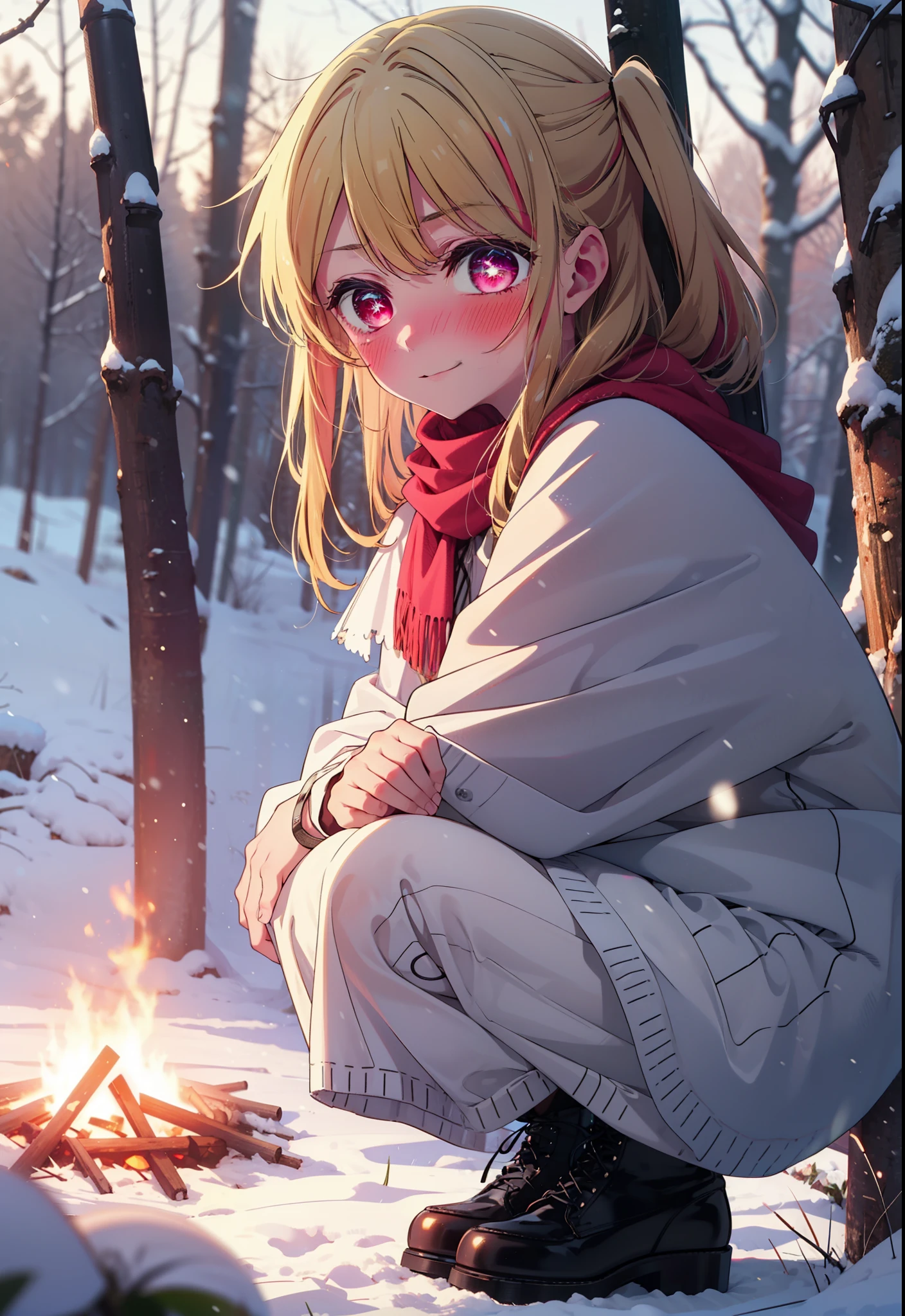 rubyhoshino, Hoshino Ruby, Long Hair, bangs, blonde, (Pink Eyes:1.3), Side Lock, (Symbol-shaped pupil:1.5), Multicolored Hair, Two-tone hair, smile,,smile,blush,white breath,
Open your mouth,snow,Ground bonfire, Outdoor, boots, snowing, From the side, wood, suitcase, Cape, Blurred, , forest, White handbag, nature, Squat, Mouth closed, Cape, winter, Written boundary depth, Black shoes, red Cape break looking at viewer, Upper Body, whole body, break Outdoor, forest, nature, break (masterpiece:1.2), Highest quality, High resolution, unity 8k wallpaper, (shape:0.8), (Beautiful and beautiful eyes:1.6), Highly detailed face, Perfect lighting, Highly detailed CG, (Perfect hands, Perfect Anatomy),