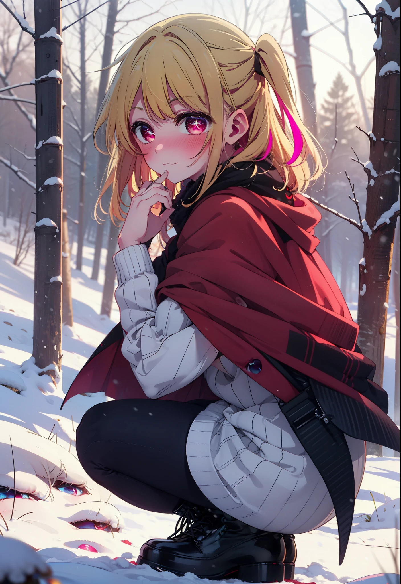 rubyhoshino, Hoshino Ruby, Long Hair, bangs, blonde, (Pink Eyes:1.3), Side Lock, (Symbol-shaped pupil:1.5), Multicolored Hair, Two-tone hair, smile,,smile,blush,white breath,
Open your mouth,snow,Ground bonfire, Outdoor, boots, snowing, From the side, wood, suitcase, Cape, Blurred, , forest, White handbag, nature,  Squat, Mouth closed, Cape, winter, Written boundary depth, Black shoes, red Cape break looking at viewer, Upper Body, whole body, break Outdoor, forest, nature, break (masterpiece:1.2), Highest quality, High resolution, unity 8k wallpaper, (shape:0.8), (Beautiful and beautiful eyes:1.6), Highly detailed face, Perfect lighting, Highly detailed CG, (Perfect hands, Perfect Anatomy),