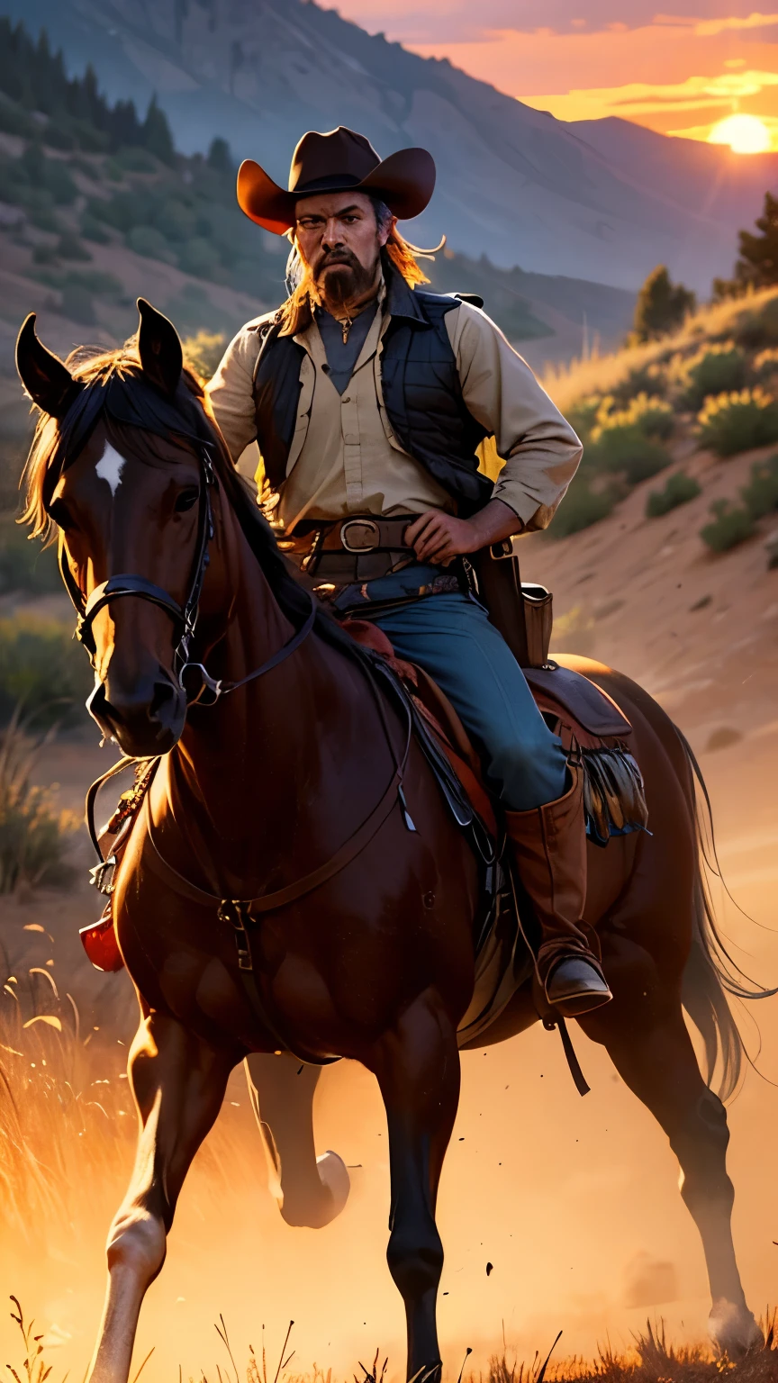 masterpiece, best quality, extremely detailed, Western Cowboy, wild life, american old west, sunset, 