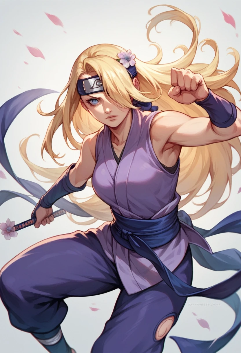 Hiperrealistic, naruto style, ino yamanaka, long blonde hair, blue ayes, beautiful face, hair over one left eye, sexy pose, ninja girl, fight pose, purple ninja girl clothes, flower arraound