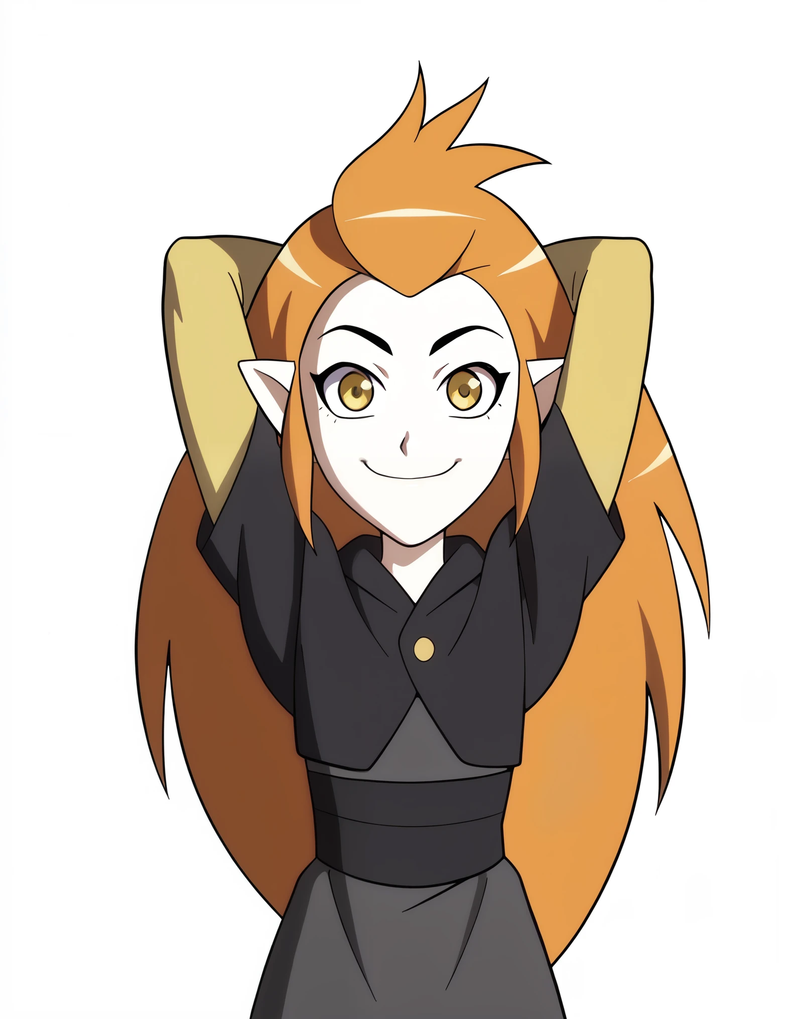 1girl, eda clawthorne, orange hair, long hair, yellow eyes, pointy ears, , capelet, grey skirt, yellow sleeves, yellow leggings, smile, looking at viewer, arms behind head, white background, grey shirt,