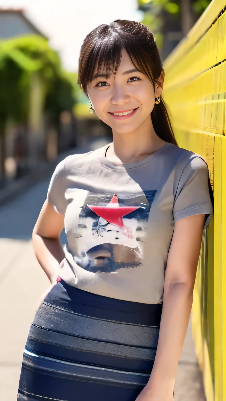 depth of field, cinematic lighting, uhd, masterpiece, anatomically correct, textured skin, 8k, Detailed eyes, Detailed face, Detailed expression, Cowboy Shot, One Japanese person、Housewife 25 years old、Turning to the camera and smiling、T-shirt and long pencil skirt、