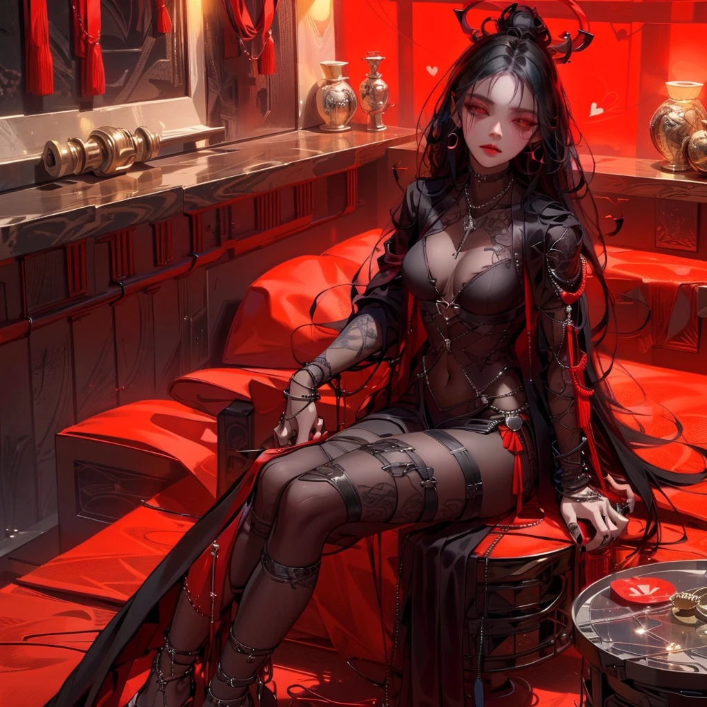 A long black hair girl, wears student uniform, night, sitting on bed, dim bedroom, black eyes, glossy lips, unbothered expression, judging expression, arrogant expression, evil girl, mean girl, villian, villianess, (elegant), (sexy), (devine), (brilliant), (splendid), tall, (mature), stunning, beautiful, aethereal, (1girl), solo girl, full body, (full body), nipples, (luxury bedroom), hearts, shadow, dim light, cinematic, highest quality, extremely detailed, masterpiece, detailed background