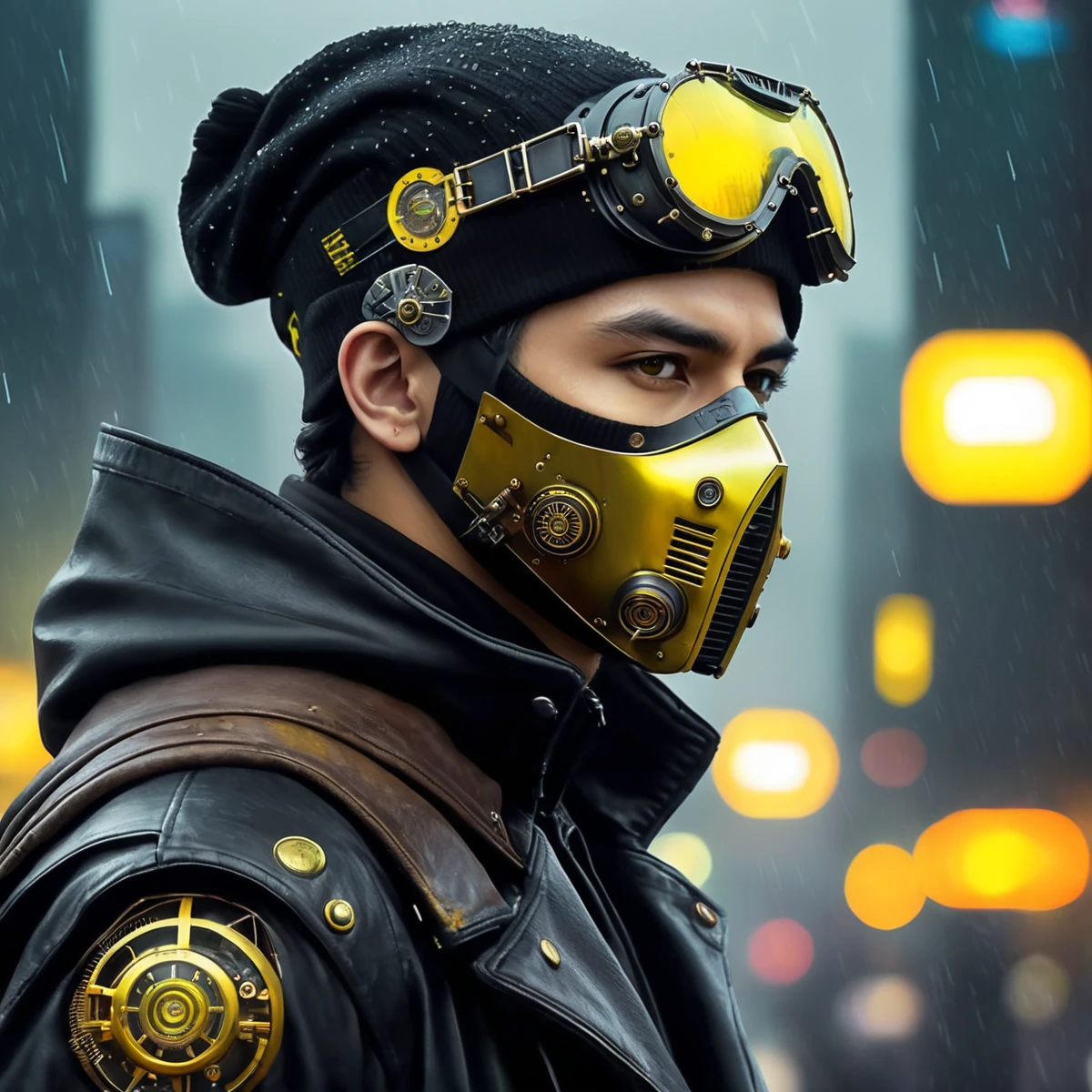 man, steampunk, 28 years old, wearing black and yellow, a face mask and a beanie, full body, amazing details, masterpiece , best quality, cyberpunk, in heavy raining futuristic tokyo rooftop cyberpunk night, sci-fi, fantasy, intricate, very very handsome, elegant villain, neon light, highly detailed, digital painting, artstation, concept art, soft light, hdri, smooth, sharp focus, illustration