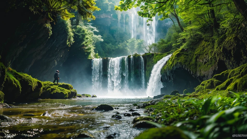 Hyperealistic image of a shadowy figure wearing a hoody, inside the hood we can see an amazing landscape of waterfalls, the water spills out of the hood and down the body which is a mountainside, sunny and bright. Behind the figure and around him it is snowing and night :: ultra-realistic :: high-definition :: 4K resolution :: photorealistic details :: hyper-detailed :: natural lighting :: cinematic quality :: sharp focus :: real-world textures :: high dynamic range (HDR).