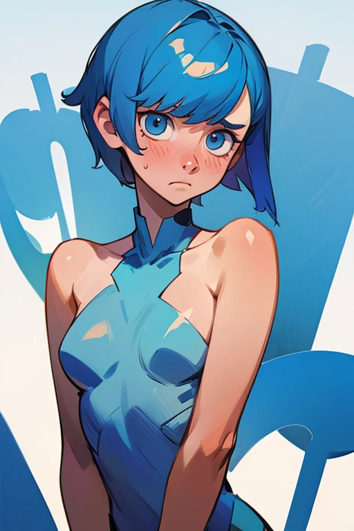 embarrassed girl with blue short hair, in topless covering 