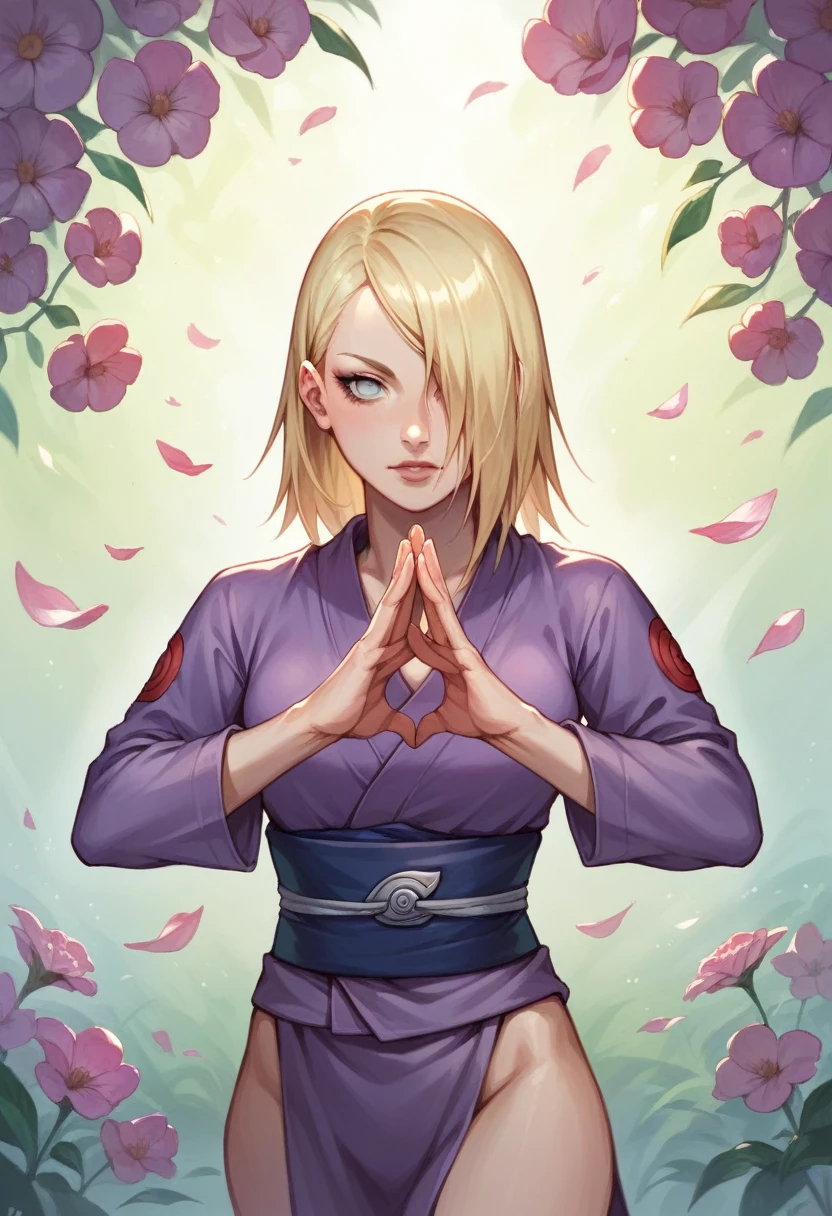 Hiperrealistic, naruto style, ino yamanaka, long blonde hair, blue ayes, beautiful face, hair over one left eye, sexy and female body, ninja girl, meditation pose, purple ninja girl clothes, flowers around
