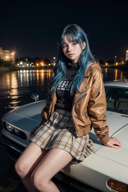 Young girl, 18 years old, blue hair, brown eyes, long hair, wearing a brown jacket with white patterns and a skirt, she is sitting on the hood of a car. bottom of a river at night.