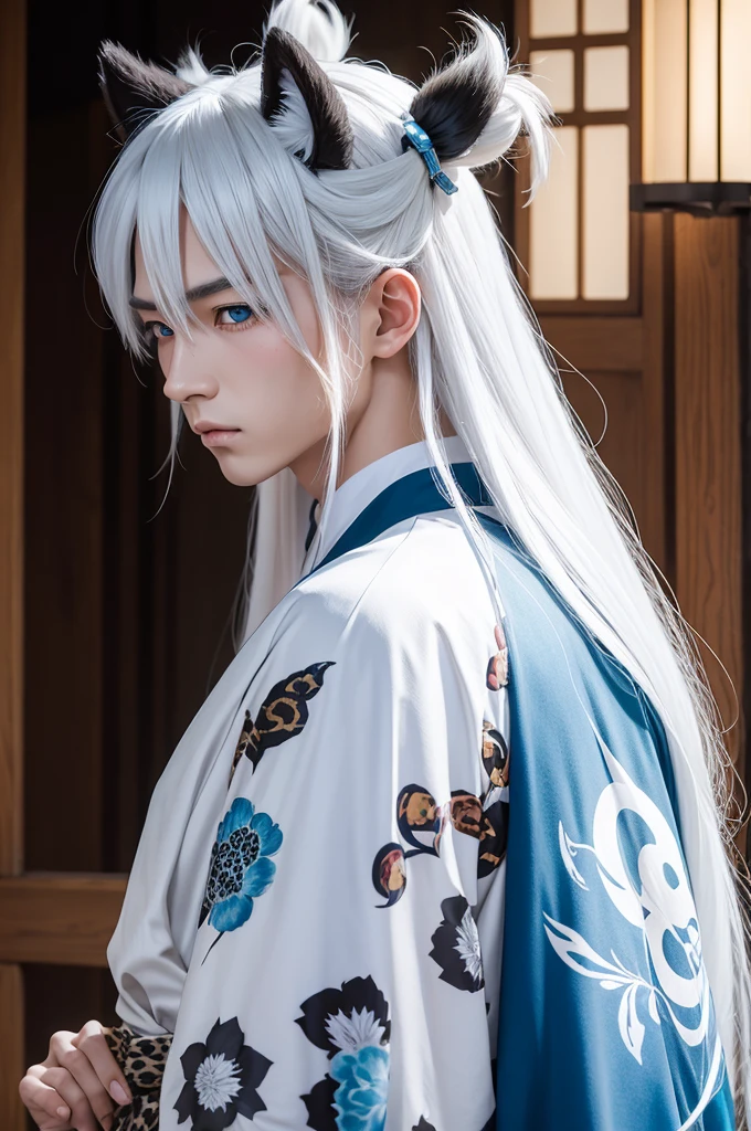 anime styling, boy, Cao Cao, long white hair and leopard ears, blue eyes and kimono 