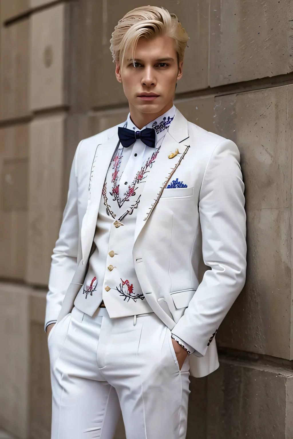 A guy in a stylish white suit with embroidery. blond. 