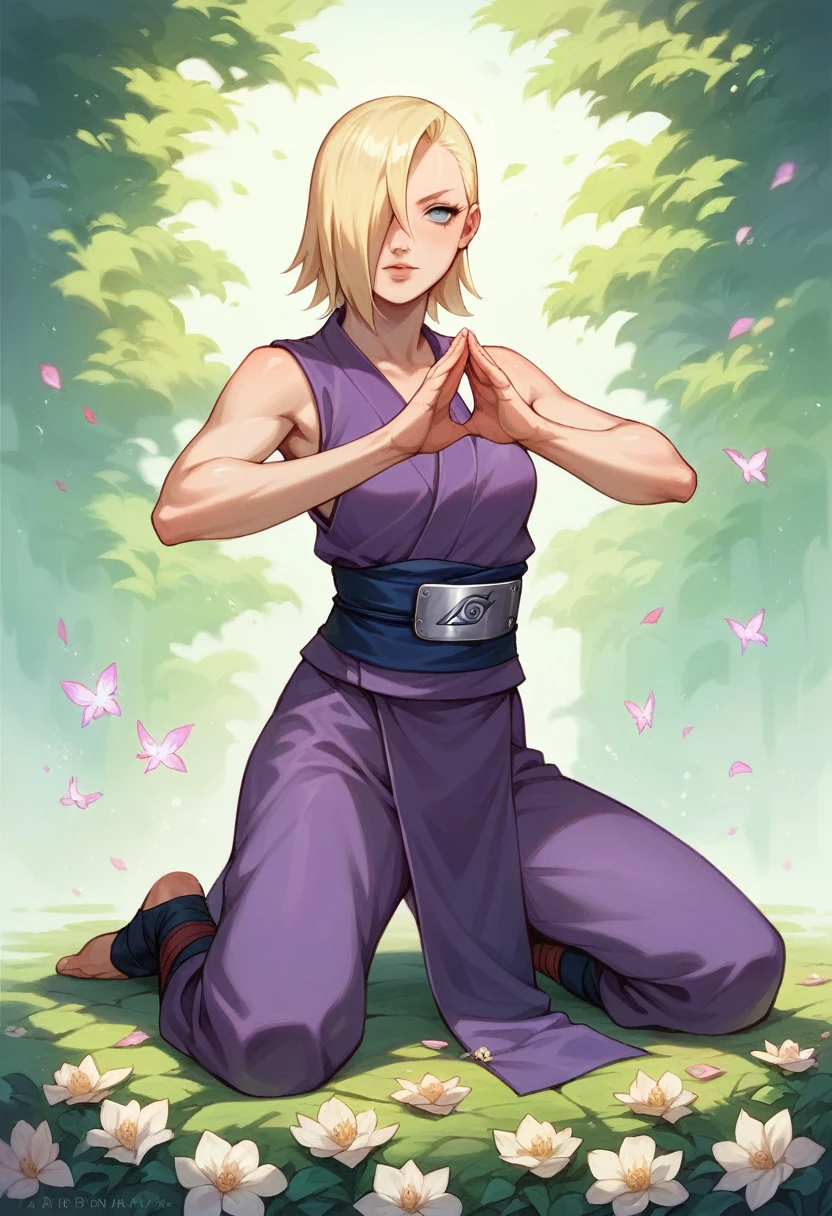 Hiperrealistic, naruto style, ino yamanaka, long blonde hair, blue ayes, beautiful face, hair over one right eye, sexy and female body, ninja girl, meditation pose, purple ninja girl clothes, flowers around