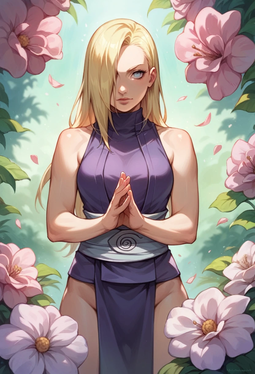 Hiperrealistic, naruto style, ino yamanaka, long blonde hair, blue ayes, beautiful face, hair over one right eye, sexy and female body, ninja girl, meditation pose, purple ninja girl clothes, flowers around