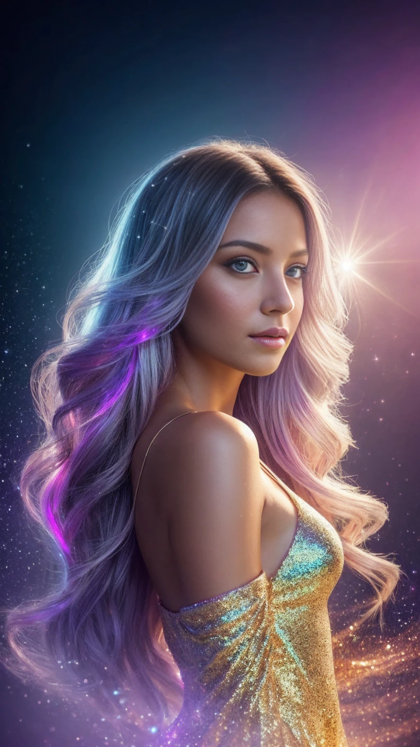 Create a stunning portrait of an ethereal young woman surrounded by a mesmerizing display of magical elements. The woman should have delicate features, with luminous skin that seems to glow from within. Her eyes should sparkle with an otherworldly light, reflecting the magic around her. Her hair should flow gracefully, perhaps with subtle magical highlights or a soft shimmer. Encompassing the woman, create a breathtaking aura of fantastical sparkles and magical dust. These elements should vary in size and intensity, from tiny glimmering specks to larger, more prominent magical particles. The sparkles should have a range of colors, predominantly soft golds, silvers, and iridescent hues that complement the overall color scheme. Integrate floating, gradient atmospheric particles throughout the image. These should be well-illuminated, creating a sense of depth and dimension. The particles could range from soft, misty orbs to more defined, geometric shapes, all contributing to the magical atmosphere. Use a variety of colors for these particles, ensuring they blend harmoniously with the sparkles and the overall composition. The lighting should be soft yet dramatic, with key light sources that highlight the woman's features and the magical elements around her. Consider incorporating rim lighting to create a magical glow around her silhouette. The overall illumination should enhance the fantastical nature of the scene, perhaps with gentle light rays or a soft, ethereal glow permeating the entire image. Ensure the image has high saturation to bring out the vibrancy of the magical elements and the woman's features. The contrast should be well-balanced, creating depth and dimension without overpowering the softer, magical elements. This will help to make the sparkles and particles stand out against the background while still maintaining a cohesive and enchanting overall look. The background should be subtle yet mystical, perhaps featuring a soft gradient or a blurred magical l