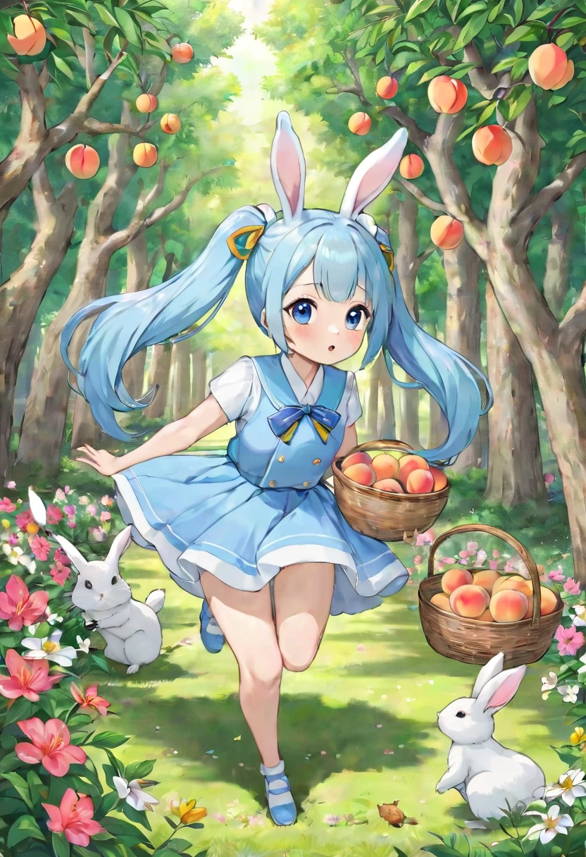 不思議の国のアsquirrel　Light blue long hair　beautiful girl with twin tails　Deep in the forest　running　A lot of beautiful flowers　There are many peaches on the peach tree、Many animals are watching　squirrel　Rabbit、squirrelやRabbit達と桃を食べている