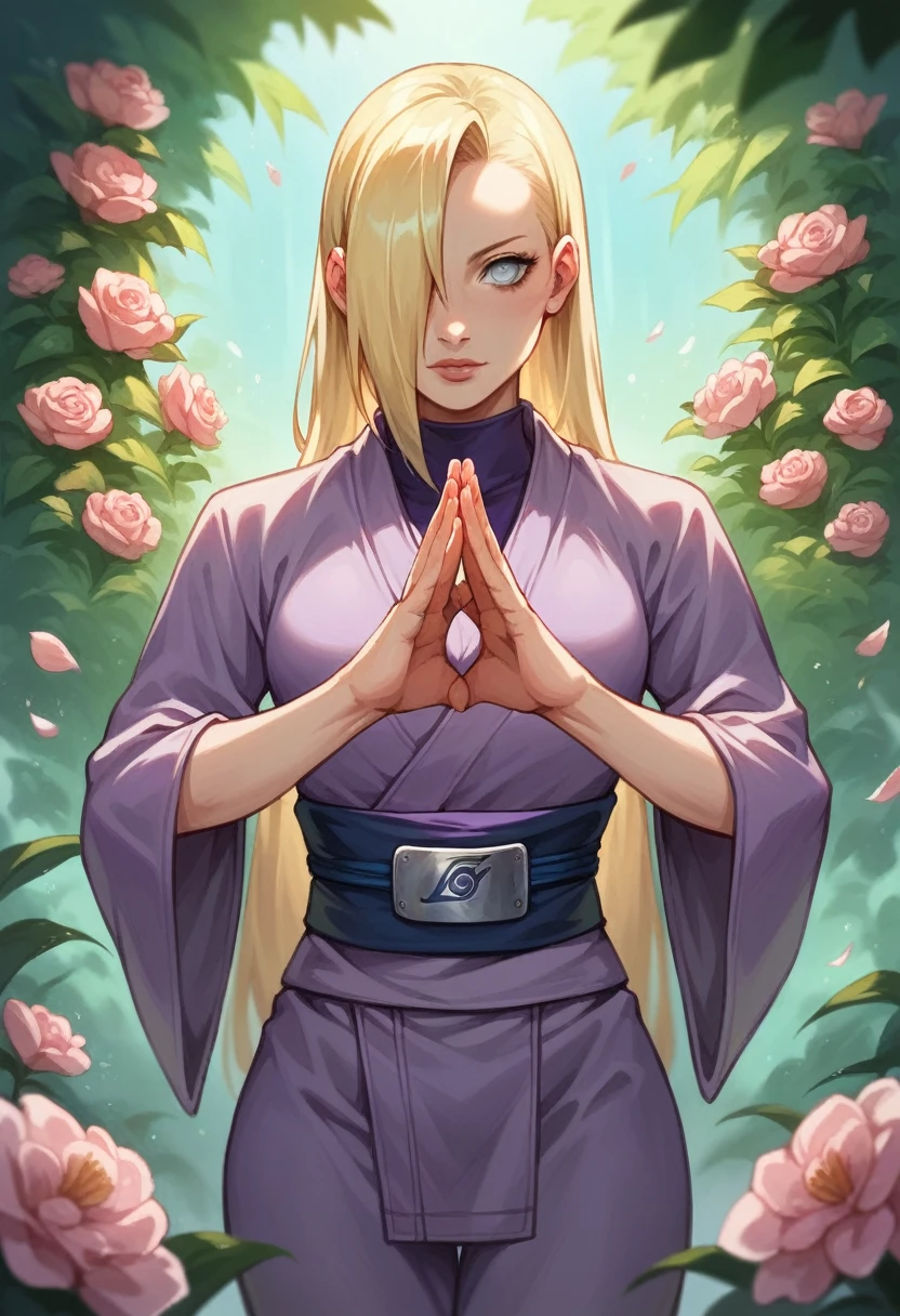 Hiperrealistic, naruto style, ino yamanaka, long blonde hair, blue ayes, beautiful face, hair over one right eye, sexy and female body, ninja girl, meditation pose, purple ninja girl clothes, flowers around, perfect dimentions
