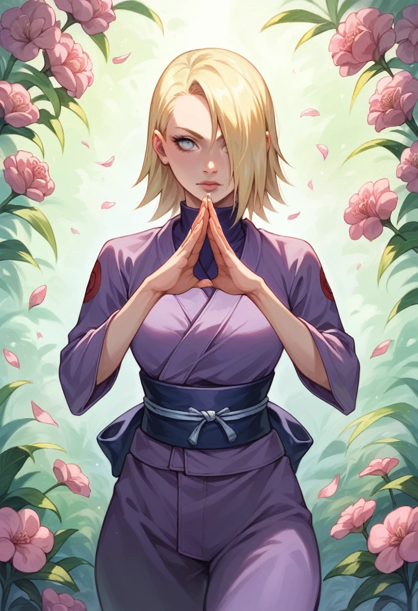 Hiperrealistic, naruto style, ino yamanaka, long blonde hair, blue ayes, beautiful face, hair over one right eye, sexy and female body, ninja girl, meditation pose, purple ninja girl clothes, flowers around, perfect dimentions