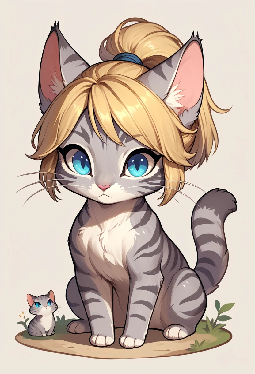Solo, score_9, score_8_up, score_7_up, score_6_up, BREAK source_anime, IncrsXLLCM, full body, chibi, Kat, feral, golden blonde hair in a ponytail, silver fur, grey stripes, :3, white whiskers, pink nose, no humans, blue eyes, simple brown background, naked