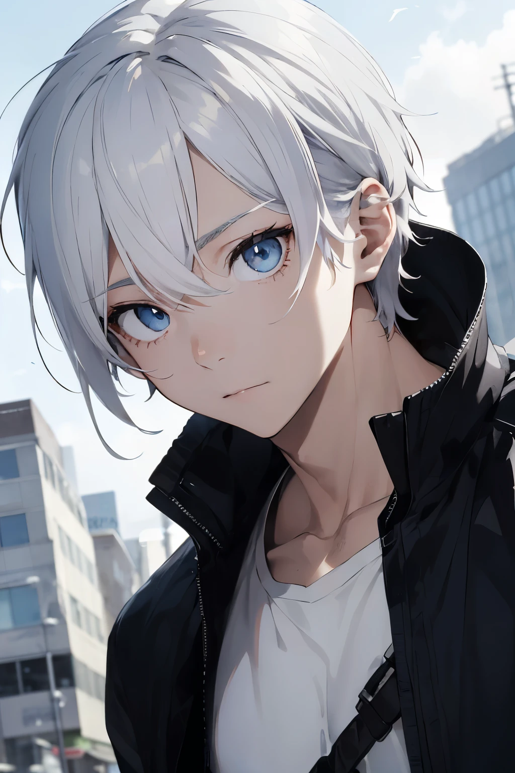 A 22-year-old man with white hair,got a scar on his right eye,with hair parted to the sides, containing light blue eyes, with white skin