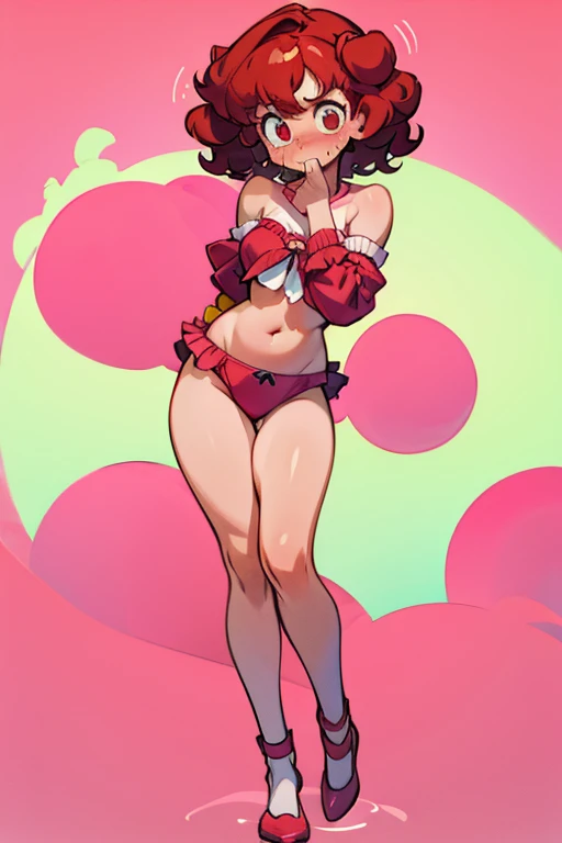 embarrassed girl with red short curly hair, in pink underwear covering ,full body