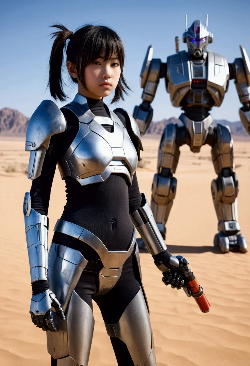 A 13-year-old Japanese girl with a slim figure, twin ponytails, wearing a tight metal mecha suit, in the desert, holding a lightsaber, with a mecha robot behind her, game CG, realistic, movie like visuals