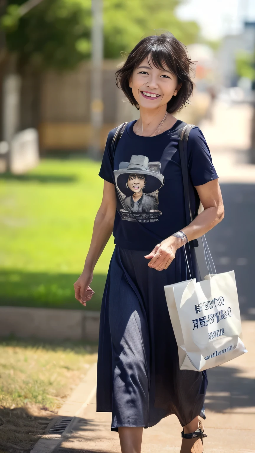 depth of field, cinematic lighting, uhd, masterpiece, anatomically correct, textured skin, 8k, Detailed eyes, Detailed face, Detailed expression, Cowboy Shot, One Japanese person、Housewife 25 years old、Turning to the camera and smiling、T-shirt and long skirt、Return from shopping、Walking towards here、Eco bag、