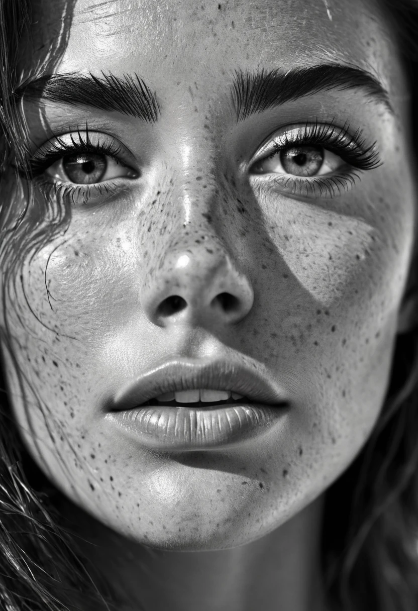 An extreme close up photo of a female model's face. Monochrome grainy image. Outside, coastal setting. Model is windswept, hair blown about. Looking direct to the camera. lips slightly parted. Detailed, high quality image. High contrast image,a close up of a woman with freckles on her face, beautiful photorealistic imagery, close - up portrait shot, detailed beauty portrait, extreme details perfect face, detailed perfect face, finely detailed perfect face, detailed beautiful face, close up portrait photo, very detailed beautiful face, with freckles, close up face portrait, close-up perfect face, perfect detailed face