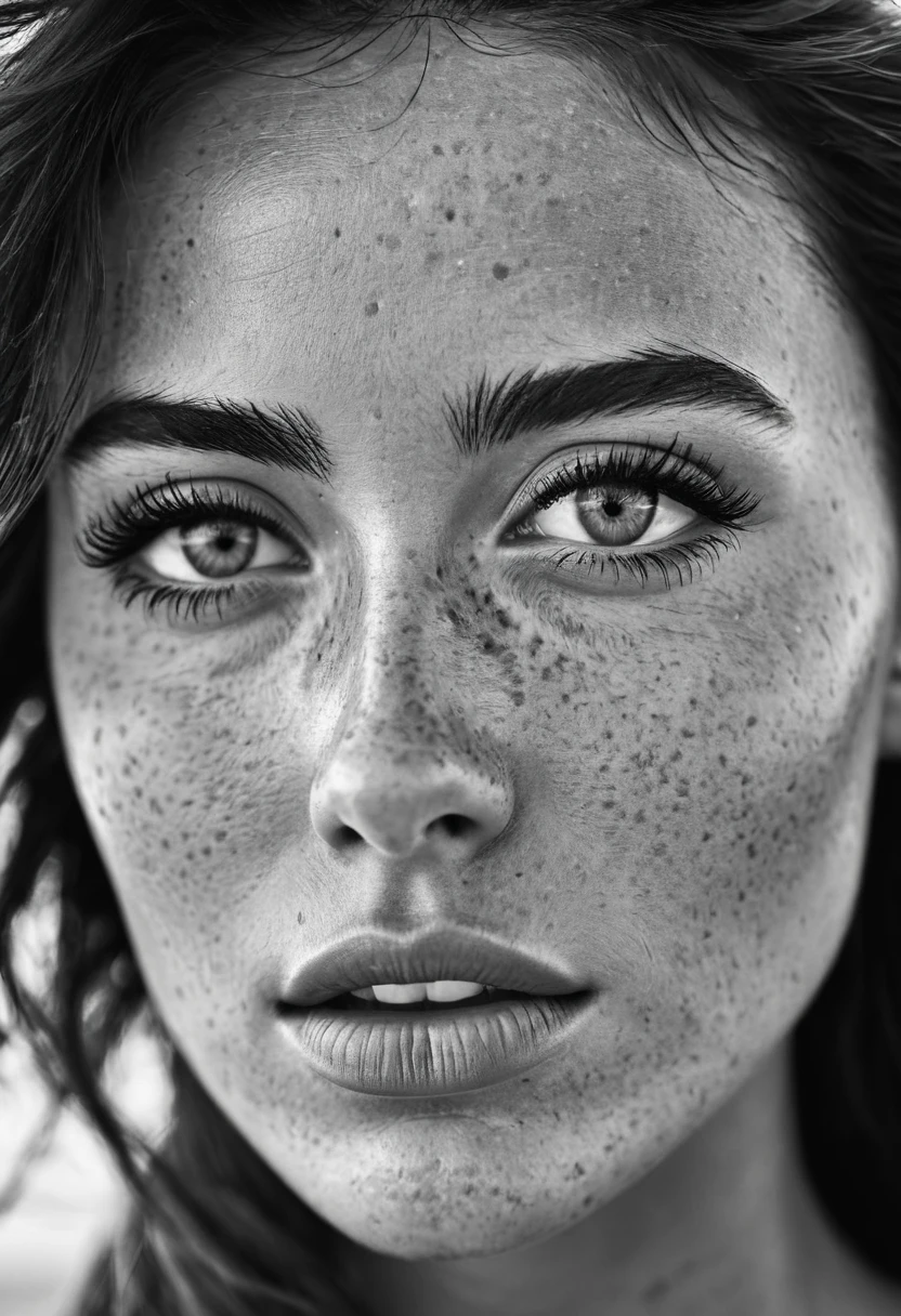 An extreme close up photo of a female model's face. Monochrome grainy image. Outside, coastal setting. Model is windswept, hair blown about. Looking direct to the camera. lips slightly parted. Detailed, high quality image. High contrast image,a close up of a woman with freckles on her face, beautiful photorealistic imagery, close - up portrait shot, detailed beauty portrait, extreme details perfect face, detailed perfect face, finely detailed perfect face, detailed beautiful face, close up portrait photo, very detailed beautiful face, with freckles, close up face portrait, close-up perfect face, perfect detailed face