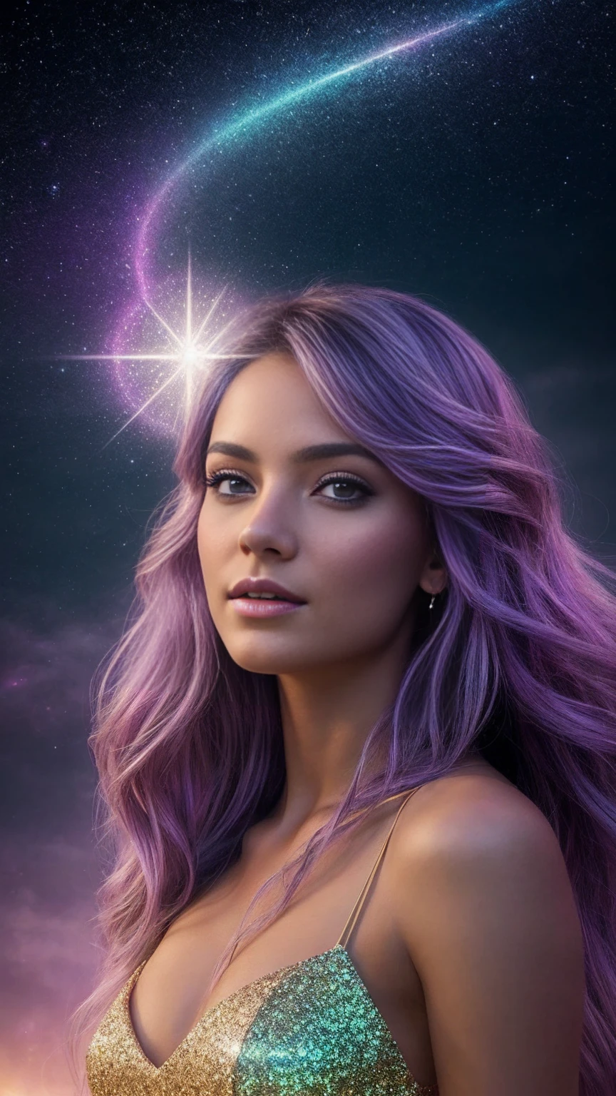 Create a stunning portrait of an ethereal young woman surrounded by a mesmerizing display of magical elements. The woman should have delicate features, with luminous skin that seems to glow from within. Her eyes should sparkle with an otherworldly light, reflecting the magic around her. Her hair should flow gracefully, perhaps with subtle magical highlights or a soft shimmer. Encompassing the woman, create a breathtaking aura of fantastical sparkles and magical dust. These elements should vary in size and intensity, from tiny glimmering specks to larger, more prominent magical particles. The sparkles should have a range of colors, predominantly soft golds, silvers, and iridescent hues that complement the overall color scheme. Integrate floating, gradient atmospheric particles throughout the image. These should be well-illuminated, creating a sense of depth and dimension. The particles could range from soft, misty orbs to more defined, geometric shapes, all contributing to the magical atmosphere. Use a variety of colors for these particles, ensuring they blend harmoniously with the sparkles and the overall composition. The lighting should be soft yet dramatic, with key light sources that highlight the woman's features and the magical elements around her. Consider incorporating rim lighting to create a magical glow around her silhouette. The overall illumination should enhance the fantastical nature of the scene, perhaps with gentle light rays or a soft, ethereal glow permeating the entire image. Ensure the image has high saturation to bring out the vibrancy of the magical elements and the woman's features. The contrast should be well-balanced, creating depth and dimension without overpowering the softer, magical elements. This will help to make the sparkles and particles stand out against the background while still maintaining a cohesive and enchanting overall look. The background should be subtle yet mystical, perhaps featuring a soft gradient or a blurred magical l