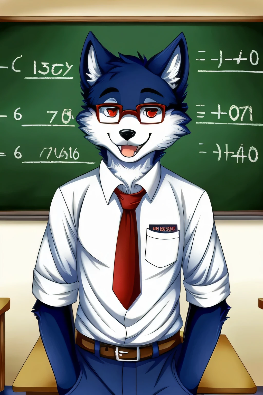 Solo, Furry boy, Black and Blue fur, Red eyes, Mathematican, Happy, Boy, Furry, Classroom, School, Math, Nerd, Anime, scientis, whiteboard, Blackboard, wolf, animal, Furry