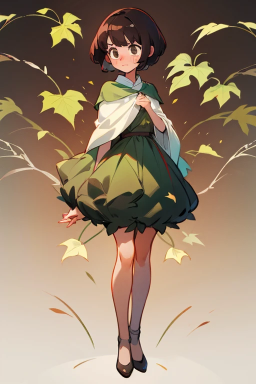 embarrassed girl with dark brown short hair, covering with little leafs ,full body